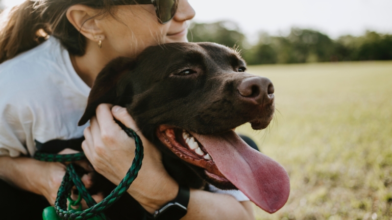 lady with sunglasses hugs black dog